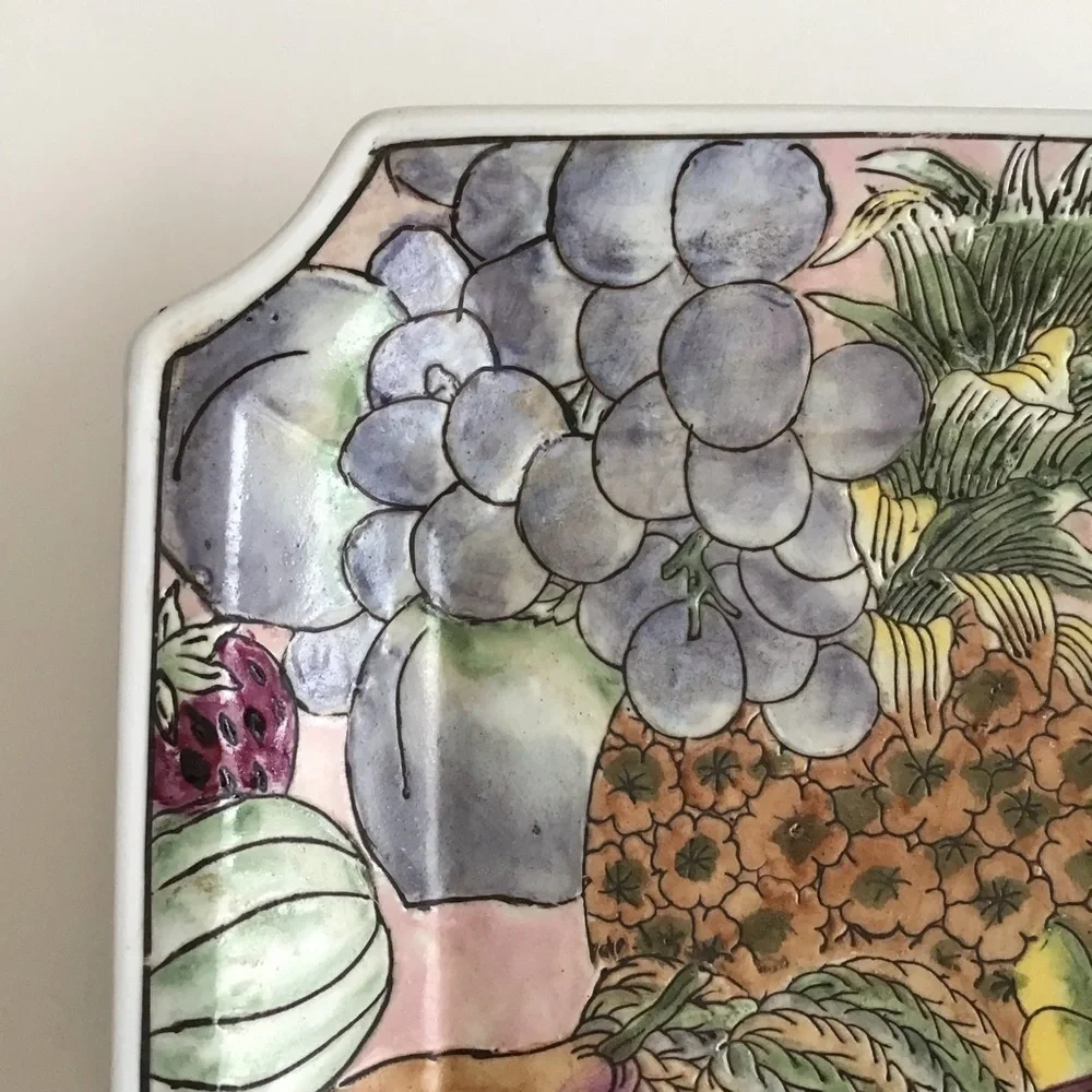 Vintage Square Pastel Fruits Pattern Dish Plate Grapes Pineapple Melons Pears
